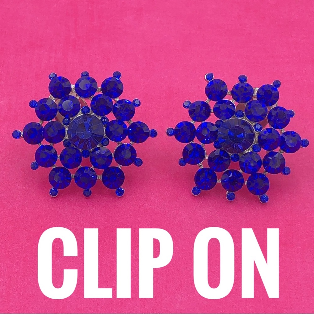 Blue Rhinestone Clip On Large Statement Earrings